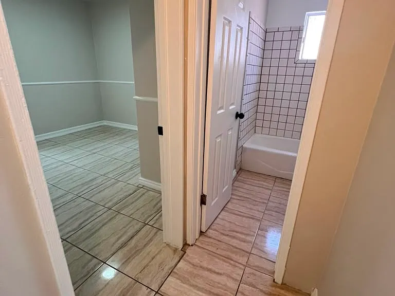 Hallway view of restroom