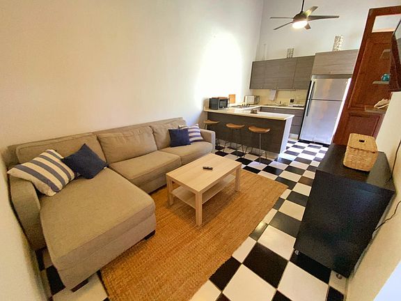 The main living room and kitchen area. The sectional contains a sofa bed for visiting friends and family.