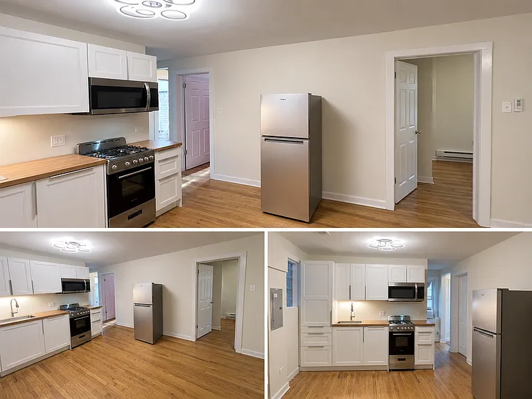 various views of the brand new kitchen and the door way to the second bedroom in two of the pictures