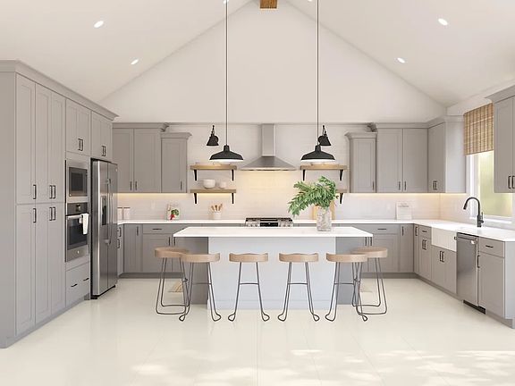 Kitchen with pendant lights and floating shelves