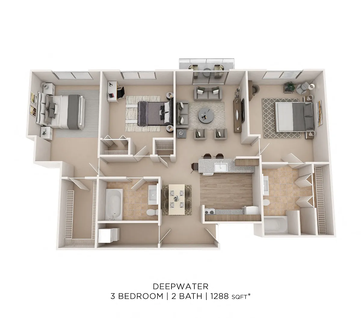 Floor plan Three Bedroom 2 Bath - 1,288 sqft