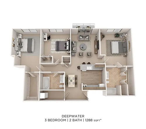 Floor plan Three Bedroom 2 Bath - 1,288 sqft