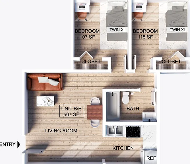 2 Bedroom | 1 Bathroom Apartment Floor Plan 2 Bedroom | 1 Bathroom Apartment Floor Plan