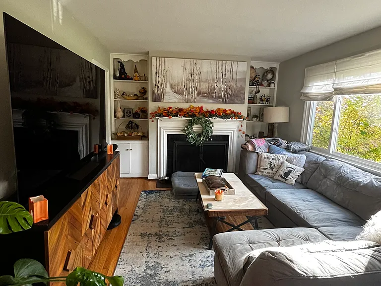 Living room w fireplace and built-in cabinets