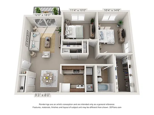 Floor plan Sycamore2 Bedroom, 1 Bath (W/D Conn.)