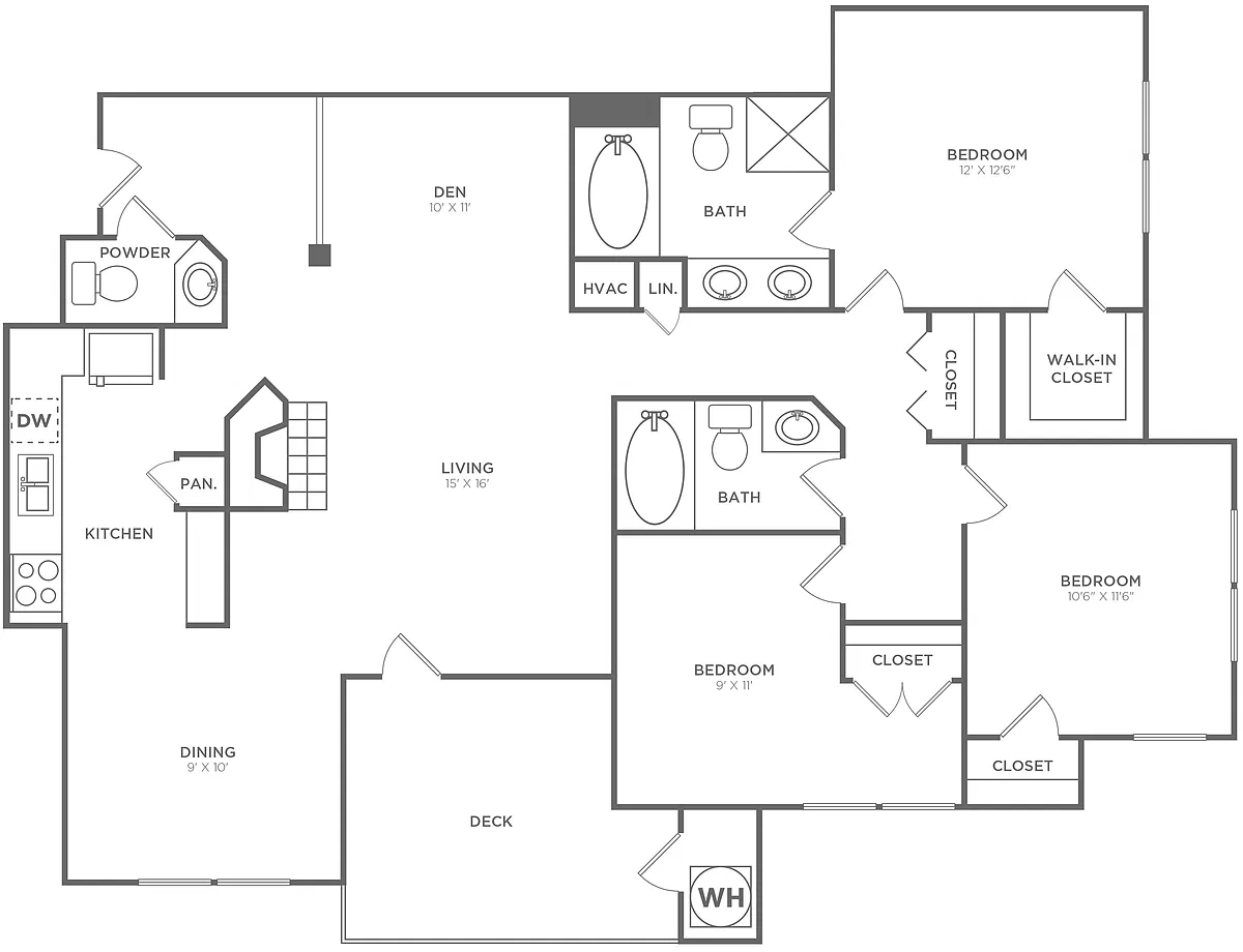 Floor plan Three Bedroom Two and a Half Bath (1481 SF)