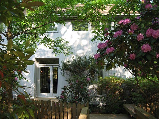 View from the front. Beautiful rhododendrons