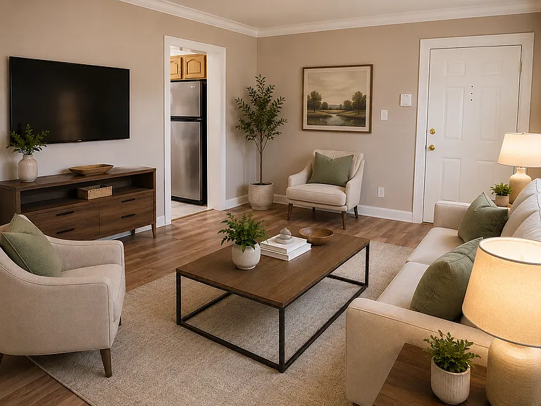 Plenty of space for a large TV, sofa, and tables.