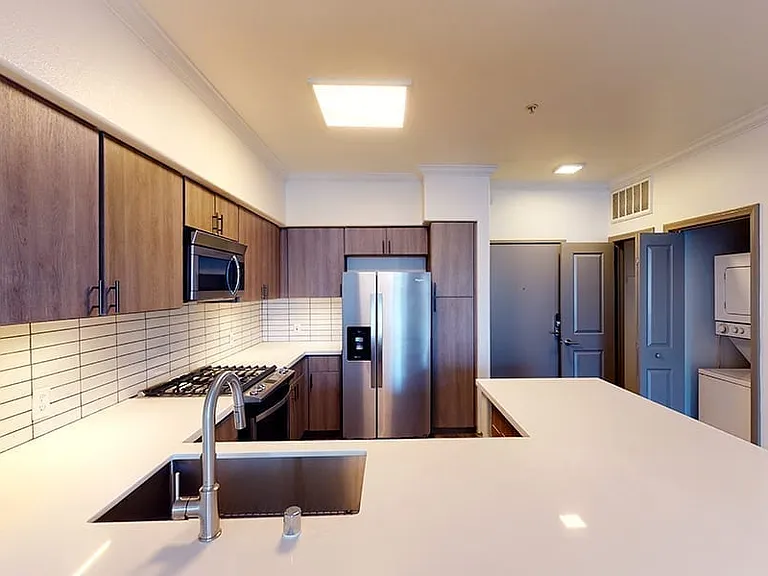 Apartment kitchen with stainless steel appliances, quartz countertops and wood-style flooring.