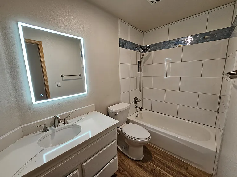 Updated hall bath with quartz countertops and lighted mirror.