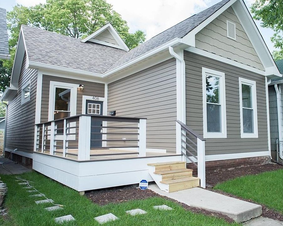 Gorgeous new deck entrance with two tone siding