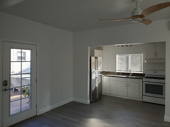 French door entrance and kitchen view.