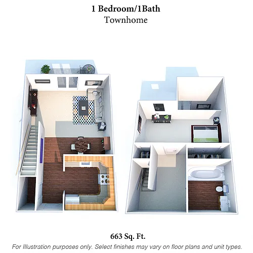 Floor plan One Bedroom Townhome - 633SqFt