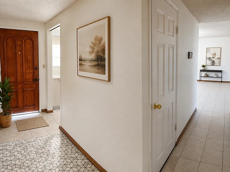 Front entry and overlook hallway to family room & Kitchen