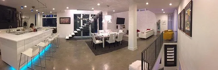 Kitchen/great space has heated concrete floors with high ceilings and beautiful features.