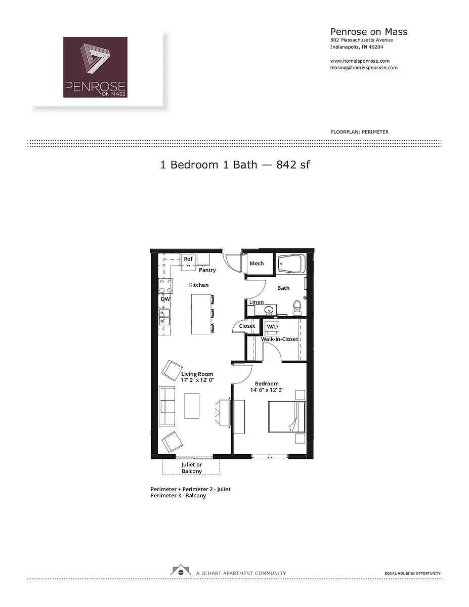 Floor plan 1BR/1B A Courtyard Balcony (tub/island/balc)