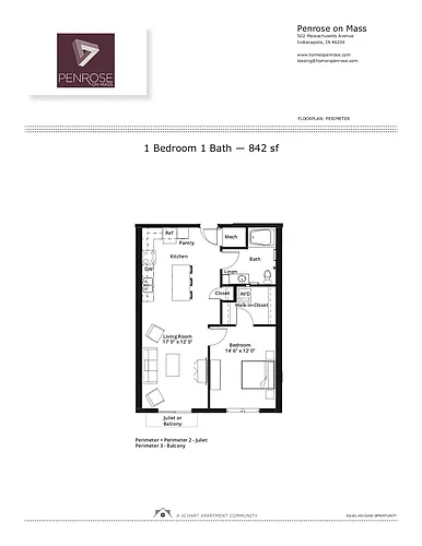 Floor plan 1BR/1B A Courtyard Balcony (tub/island/balc)
