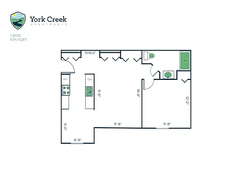 Floor plan 1 Bed, 1 Bath - 674 sq ft