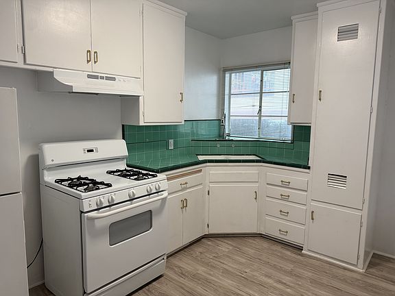 Full-size gas stove/oven with broiler. Brand new hood vent/vent system. Large pull-out cutting board.