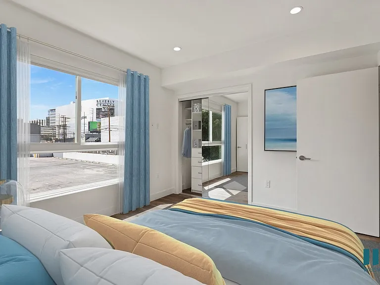 Bedroom with Large Windows, Recessed Lighting, and Vinyl Flooring