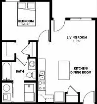 At 626 SF, the 1 bedroom, 1 bathroom A1 floor plan is a smart layout with everything you need: a private bedroom, open living space, and in-unit laundry. At 626 SF, the 1 bedroom, 1 bathroom A1 floor plan is a smart layout with everything you need: a priv