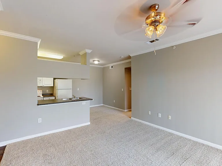 Apartment kitchen with stainless steel appliances, dining and living room with plush carpet flooring.