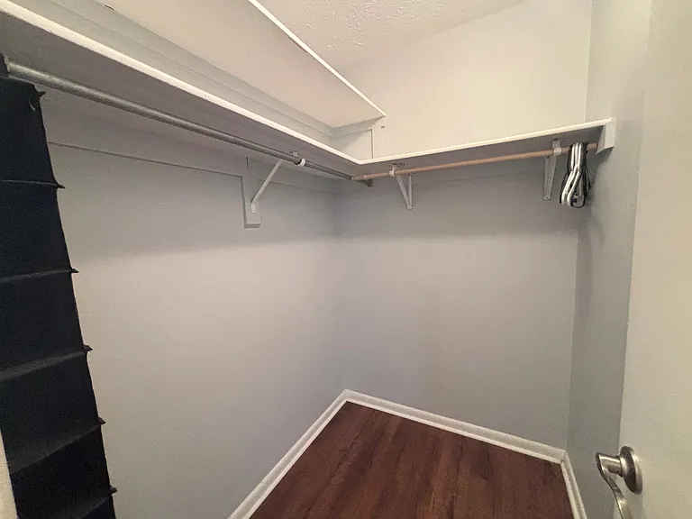 Very spacious primary closet with hanging shoe rack.