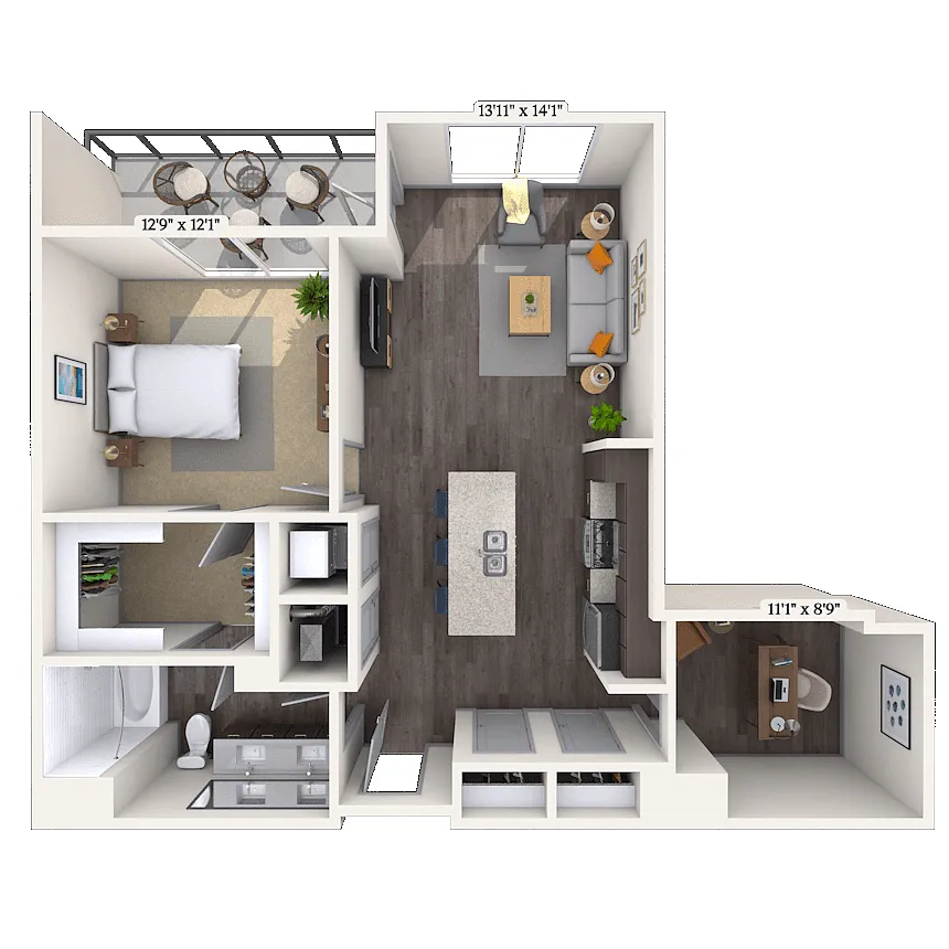 Floor plan Traditional 1x1 929 SF