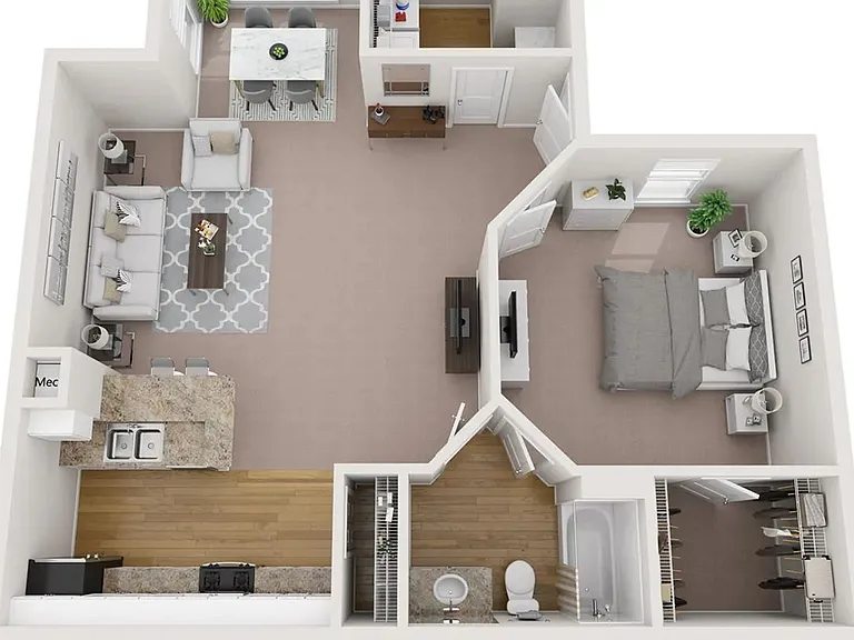 A photo of our 1x1 floor plan, The Pine.