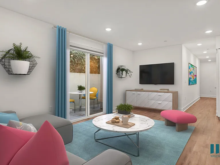 Living Room with Vinyl Flooring, Recessed Lighting, and Patio