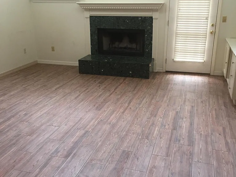Living room with wood tile floor