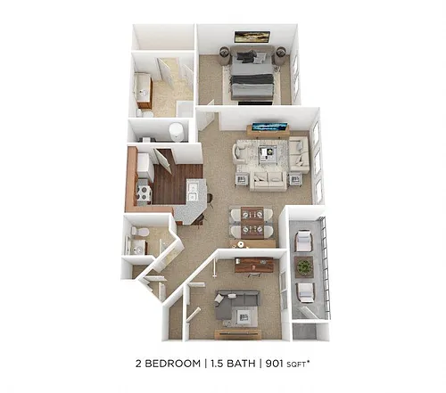 Floor plan Two Bedroom 1.5 Bath- 901 sqft