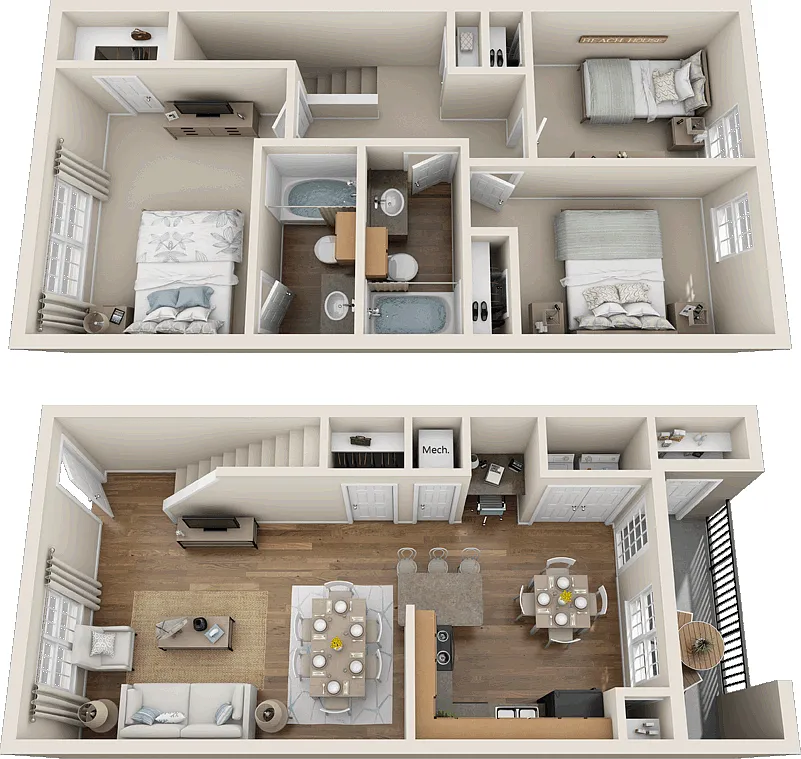 Floor plan Three Bedroom Two Bathroom C3 Townhome 60%