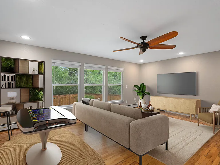 Upstairs Great Room. Big windows look out onto the backyard.