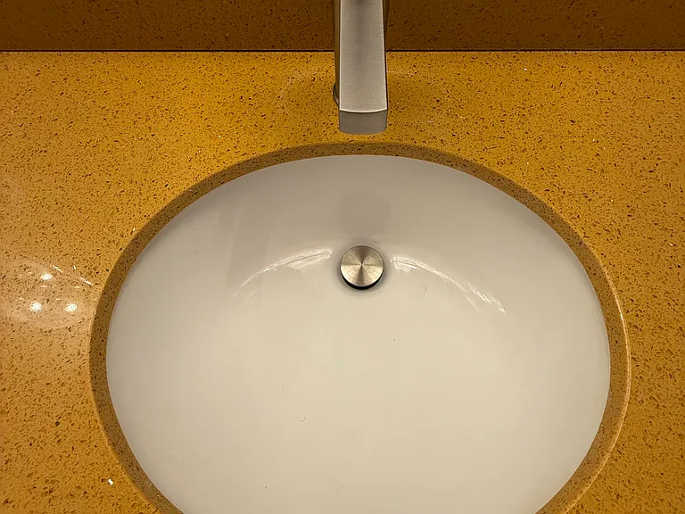 MASTER BATHROOM with limited-edition custom quartz countertop, large vanity mirror, dimmable designer lighting & step-in shower with spa massage jets