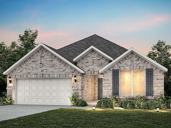 Exterior A of the Blue Sky, a one-story home with 2-car garage and shutters
