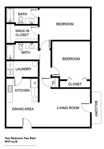 Floor plan 2 Bed, 2 Bath 1010 Sq Ft