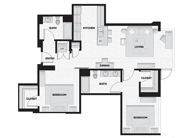 Floor plan 2 Bed - 2 Bath G1B
