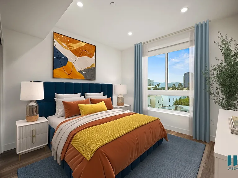 Bedroom with Large Windows with Custom Shades, Vinyl Flooring, an d Recessed Lighting - Walnut Floor Plan