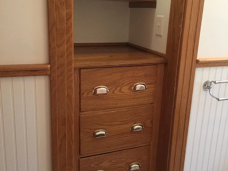 Bathroom storage drawers and shelves