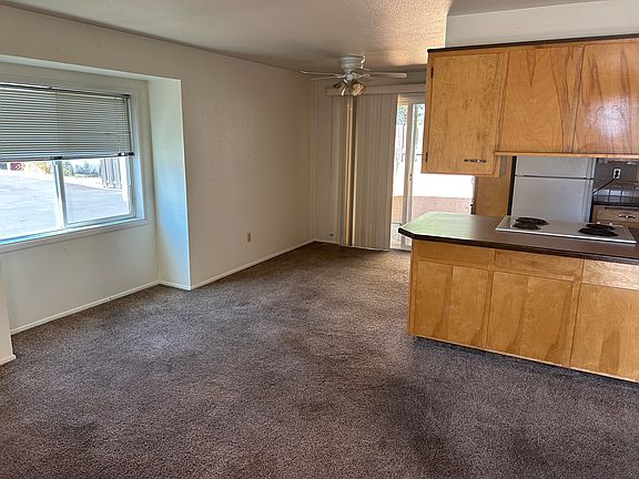 View from door to living room, dining room and kitchen