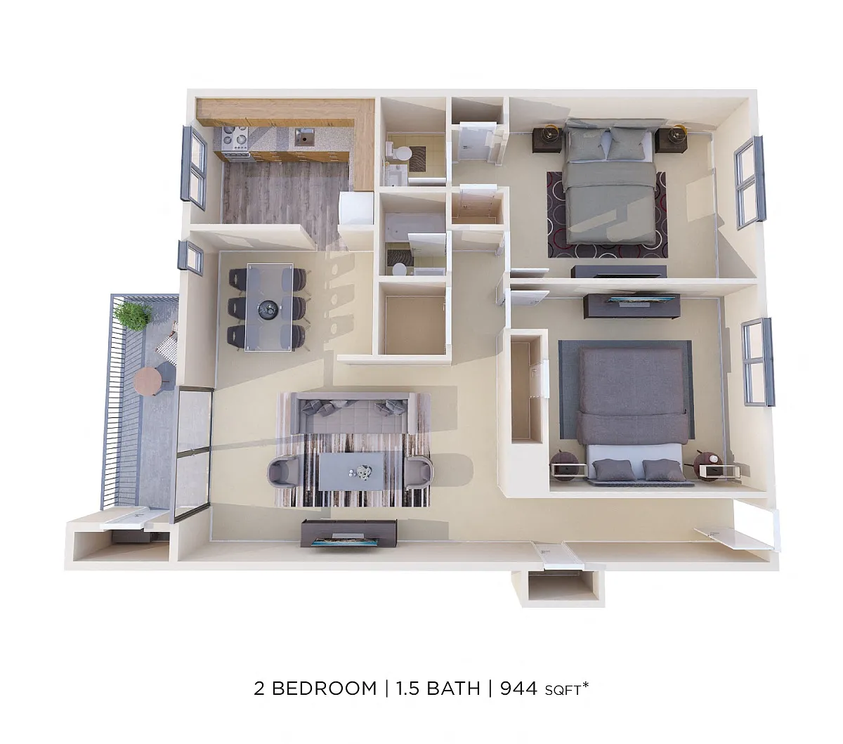 Floor plan Two Bedroom 1.5 Bath - 944 sqft