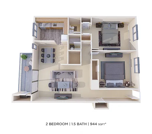 Floor plan Two Bedroom 1.5 Bath - 944 sqft