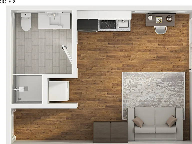 Explore this chic studio layout designed for modern, efficient living. Explore this chic studio layout designed for modern, efficient living.