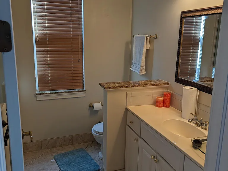 Bathroom #2. Accessible from the corridor between the living room and Bedroom #2, this full bath offers a toilet, sink, extra storage and a shower (no bathtub).