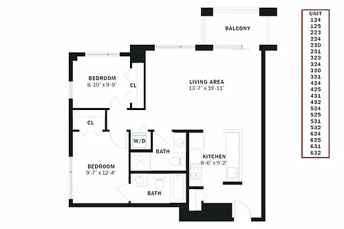 Floor plan Columbia 2 Bedroom C2r