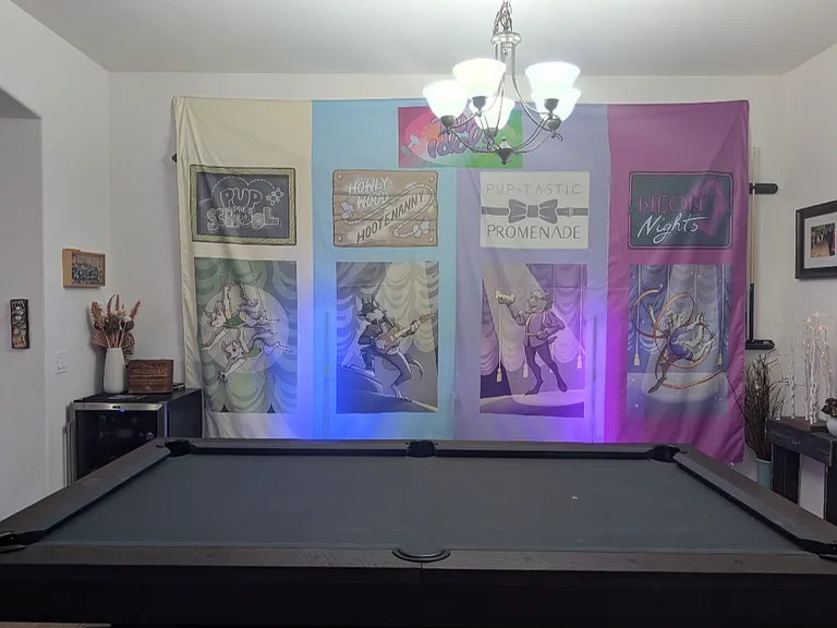 The hanging Pup Idols art is our board game we are working on. This is the professional pool table with long benches on either side. Solid wood table top for eating, playing games, or work on a laptop if you need a change of scenery.