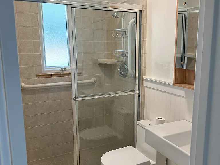 Bathroom with walk in shower, new lighting