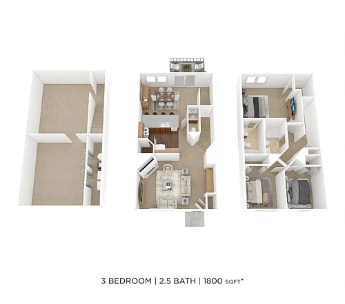 Floor plan Three Bedroom 2.5 Bath Townhome- 1800 sqft