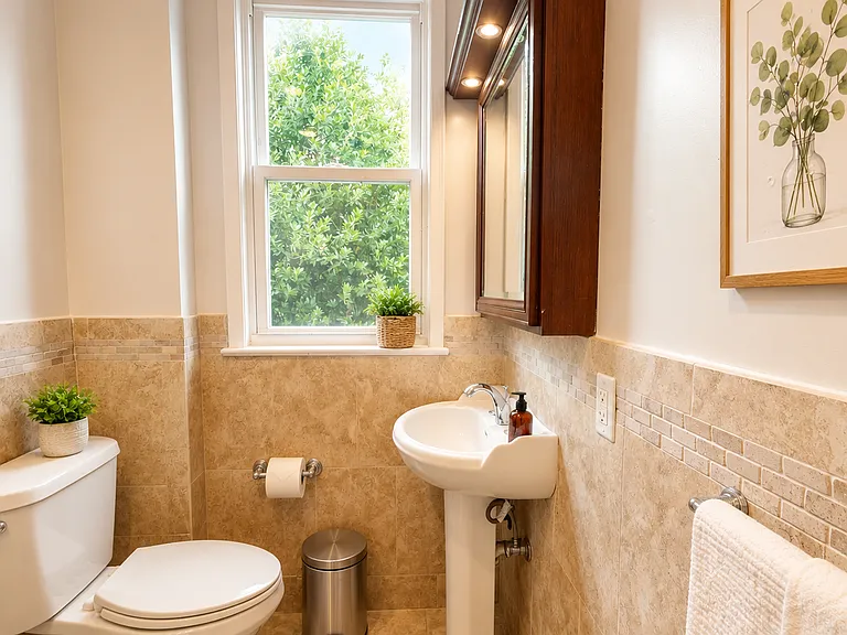 This is the hall bathroom the two upper bedrooms share; note it is located 1 floor down on the first upper level.